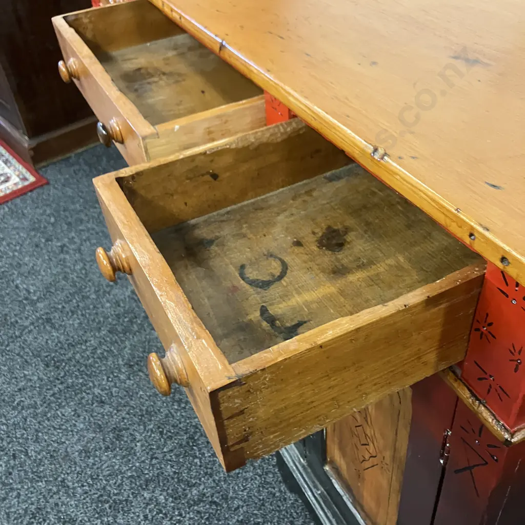 Colonial Antique Wooden Desk, 2 Door, 3 Drawer, Ornate Brass Handle & Keyhole Escutcheons. H76 W121 D54cm Image 1++