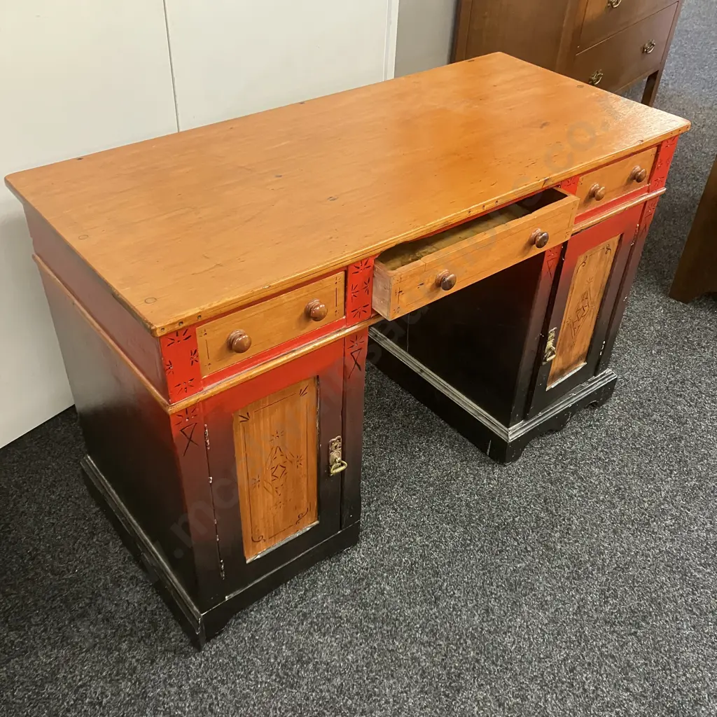 Colonial Antique Wooden Desk, 2 Door, 3 Drawer, Ornate Brass Handle & Keyhole Escutcheons. H76 W121 D54cm Image 1++
