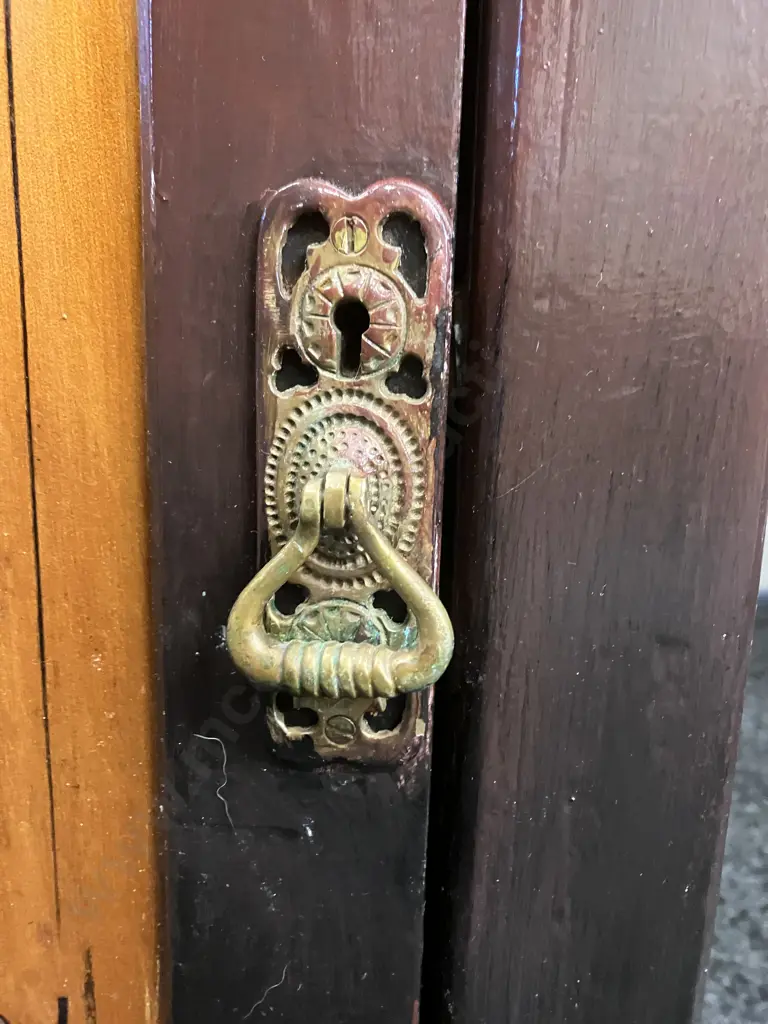 Colonial Antique Wooden Desk, 2 Door, 3 Drawer, Ornate Brass Handle & Keyhole Escutcheons. H76 W121 D54cm Image 1++