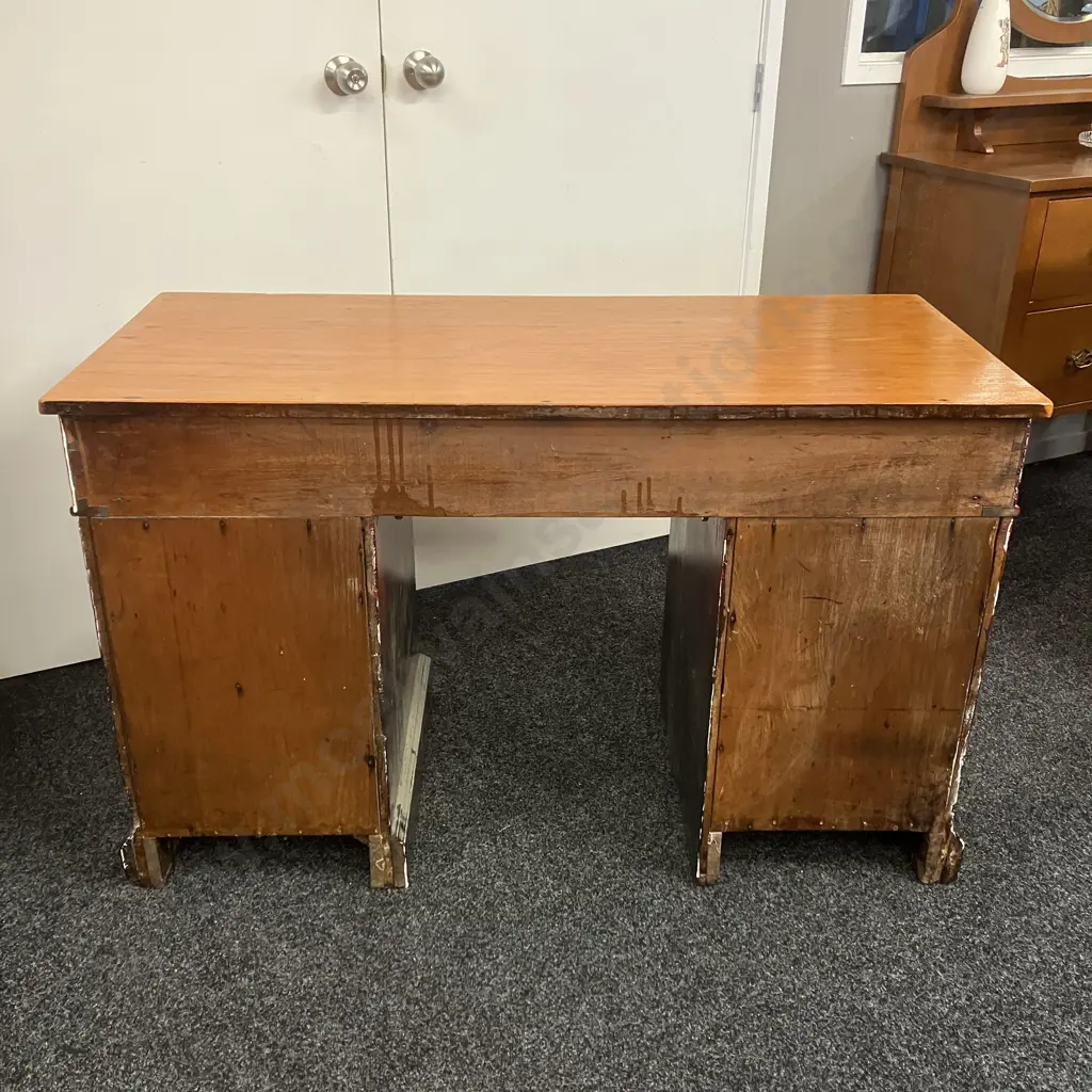 Colonial Antique Wooden Desk, 2 Door, 3 Drawer, Ornate Brass Handle & Keyhole Escutcheons. H76 W121 D54cm Image 1++
