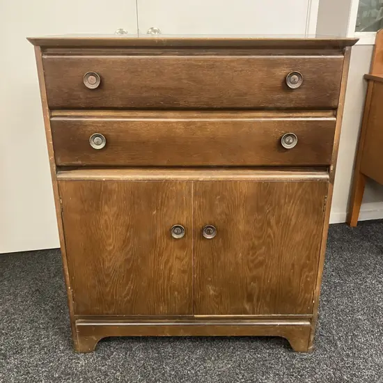 1930s Mid Century Oak Storage Cupboard With Original Handles, 2 Drawer, 2 Door. H108 W90 D44cm