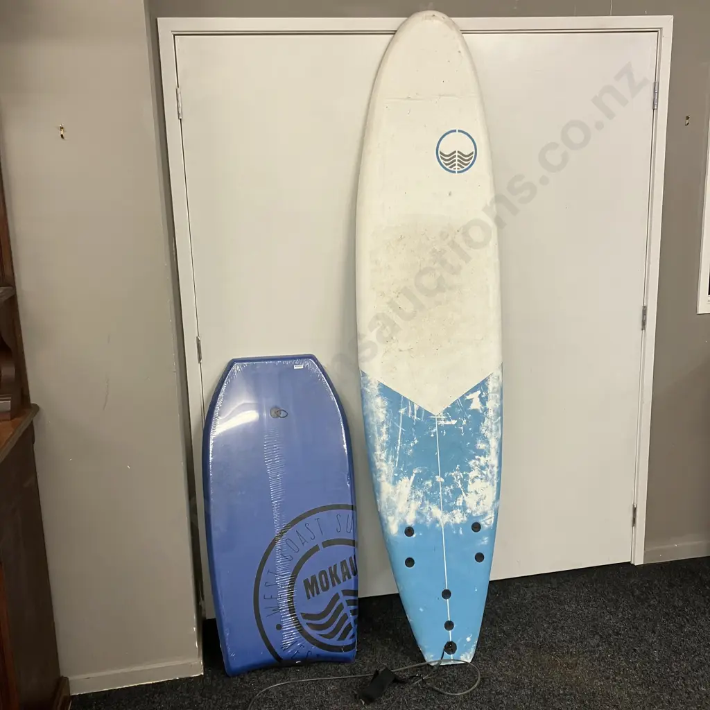 Mokau Malibu Surfboard. 210cm & New Mokau 41" Slick Bottom Body Board Blue Image 1++
