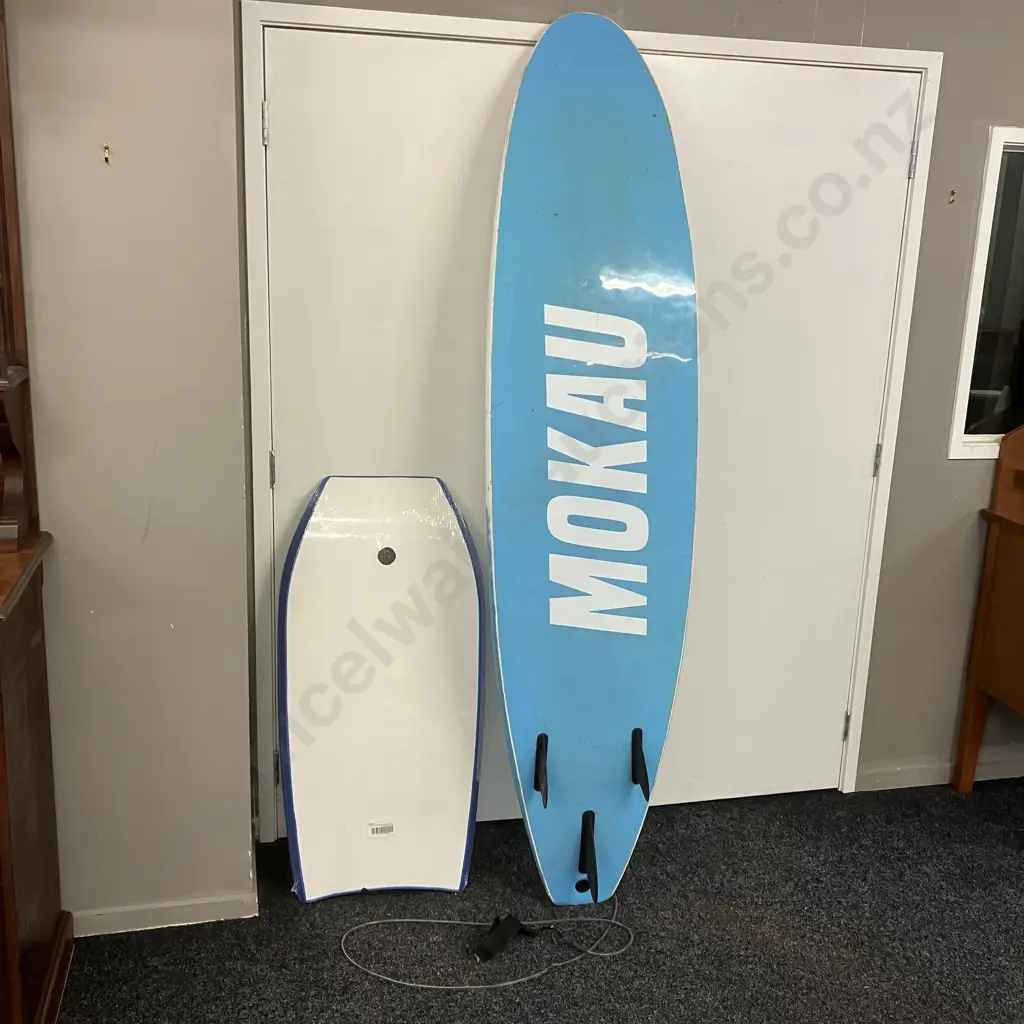 Mokau Malibu Surfboard. 210cm & New Mokau 41" Slick Bottom Body Board Blue Image 1++