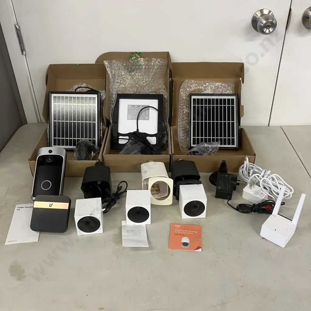 WYZE Cam Security Cameras x 3, WVOD1 With Mounts, Base Station WVODB , 3 x 3.3V New Solar Panels, V5 Video Door Bell Etc Image 1++