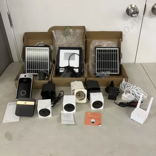 WYZE Cam Security Cameras x 3, WVOD1 With Mounts, Base Station WVODB , 3 x 3.3V New Solar Panels, V5 Video Door Bell Etc