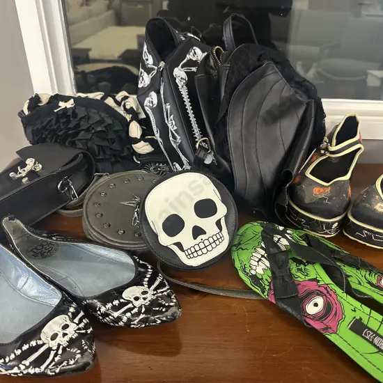 Selection of Ladies Handbags Including J Shoes & Jandals, Bat Wings, Pumpkins, Skulls Etc