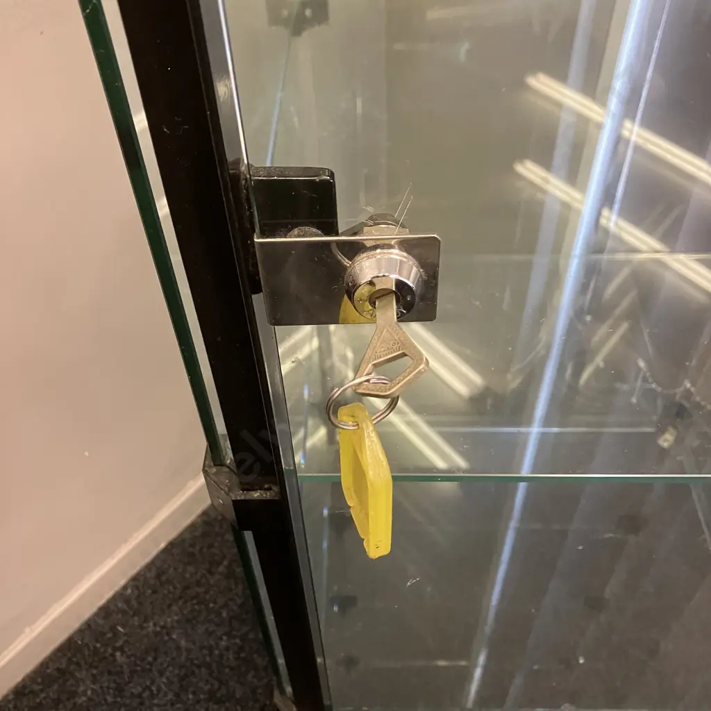 RMS (NZ) Glass Tower Display Case, Hinged Lockable Glass Door With Key, 4 x Glass Shelves, On Castors. H160 W49 D51cm Image 1++