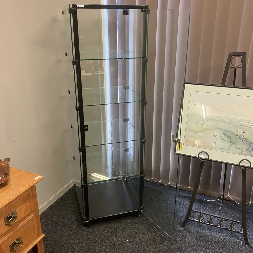RMS (NZ) Glass Tower Display Case, Hinged Lockable Glass Door With Key, 4 x Glass Shelves, On Castors. H160 W49 D51cm Image 1++