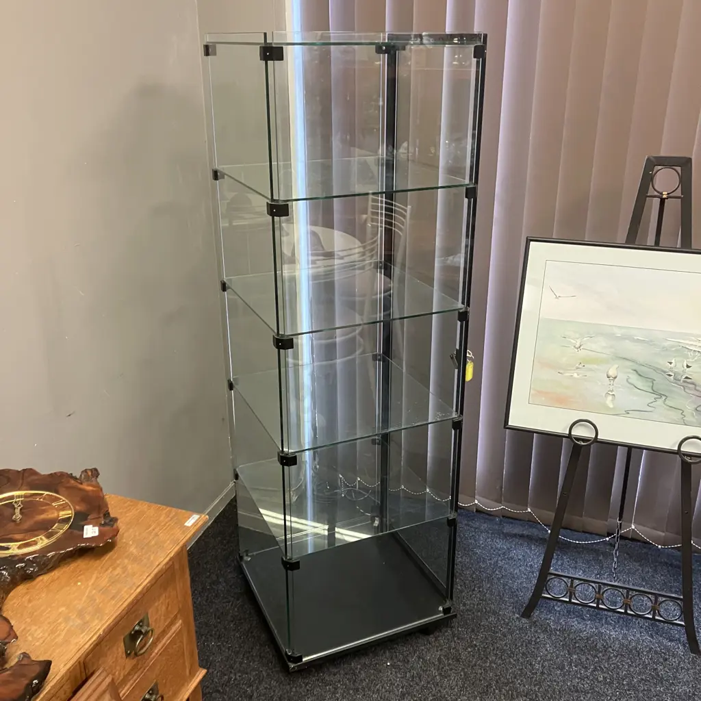 RMS (NZ) Glass Tower Display Case, Hinged Lockable Glass Door With Key, 4 x Glass Shelves, On Castors. H160 W49 D51cm Image 1++