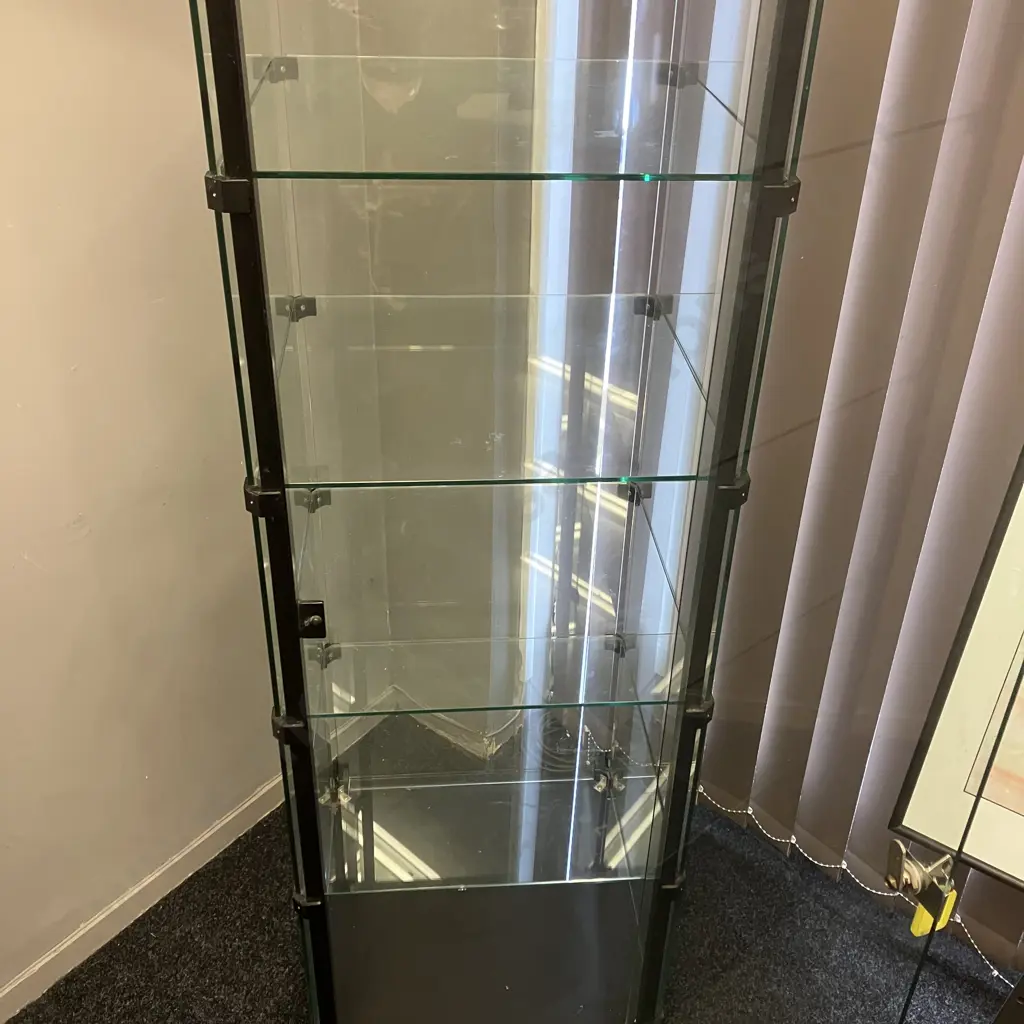 RMS (NZ) Glass Tower Display Case, Hinged Lockable Glass Door With Key, 4 x Glass Shelves, On Castors. H160 W49 D51cm Image 1++