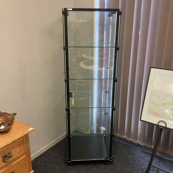 RMS (NZ) Glass Tower Display Case, Hinged Lockable Glass Door With Key, 4 x Glass Shelves, On Castors. H160 W49 D51cm