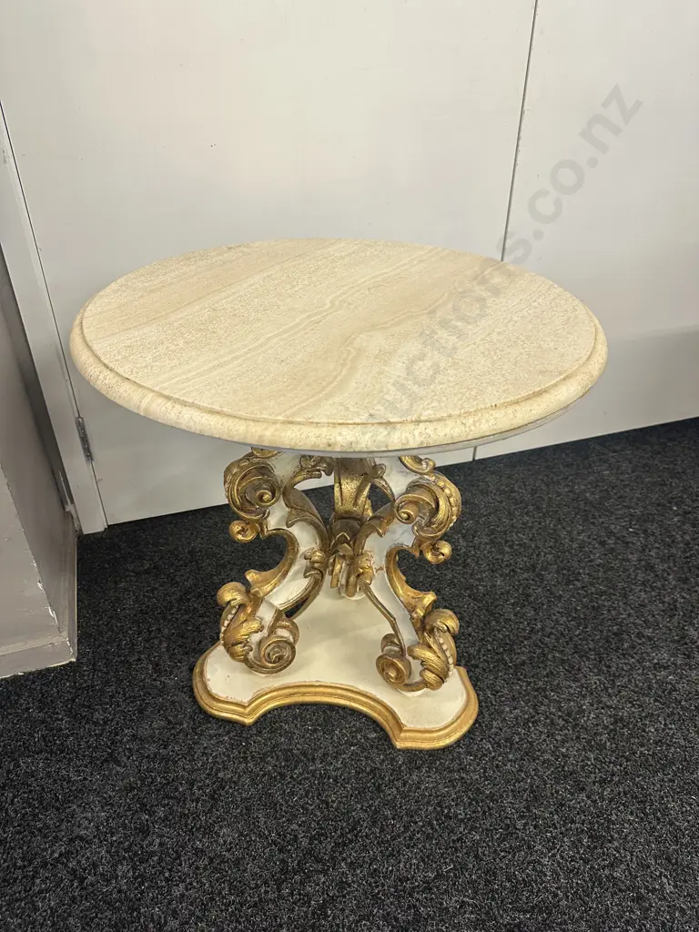 Round Marble Top Occasional Table With Cream & Gold Ornate Base. 59 x 60cm Image 1++