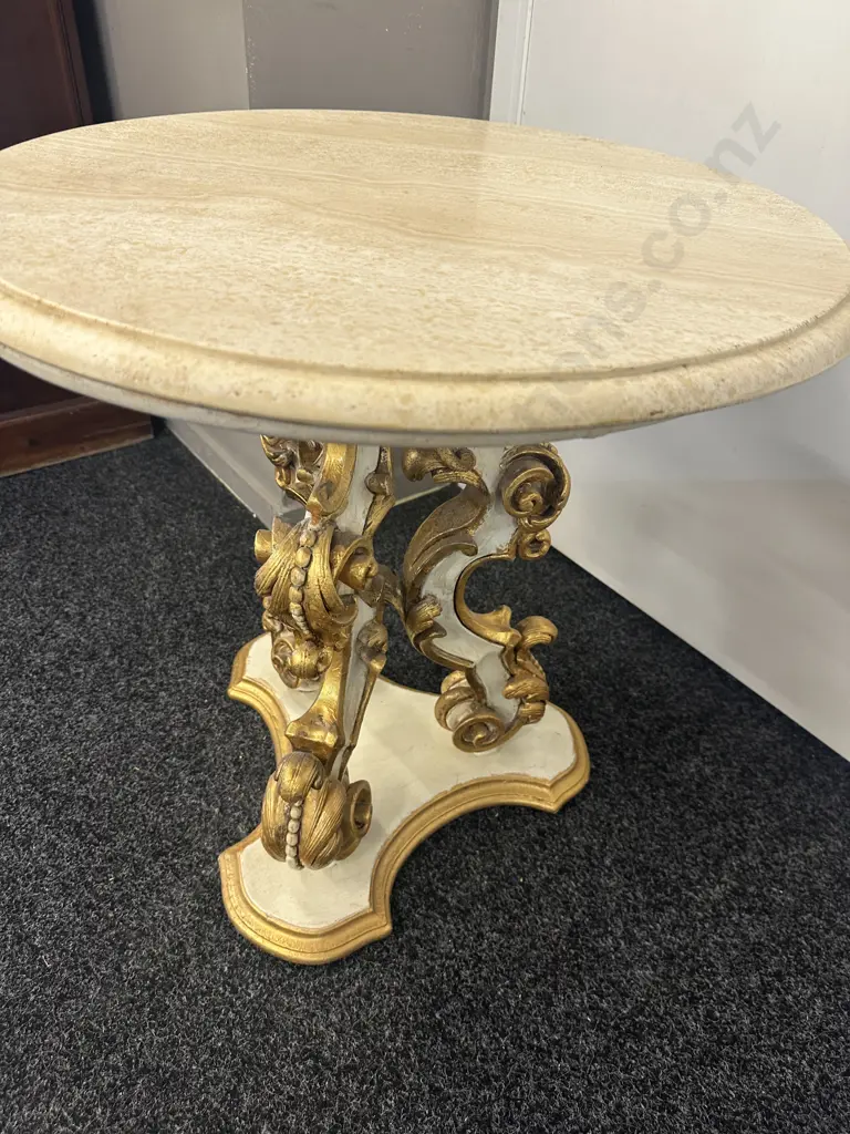 Round Marble Top Occasional Table With Cream & Gold Ornate Base. 59 x 60cm Image 1++