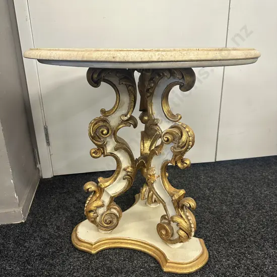 Round Marble Top Occasional Table With Cream & Gold Ornate Base. 59 x 60cm