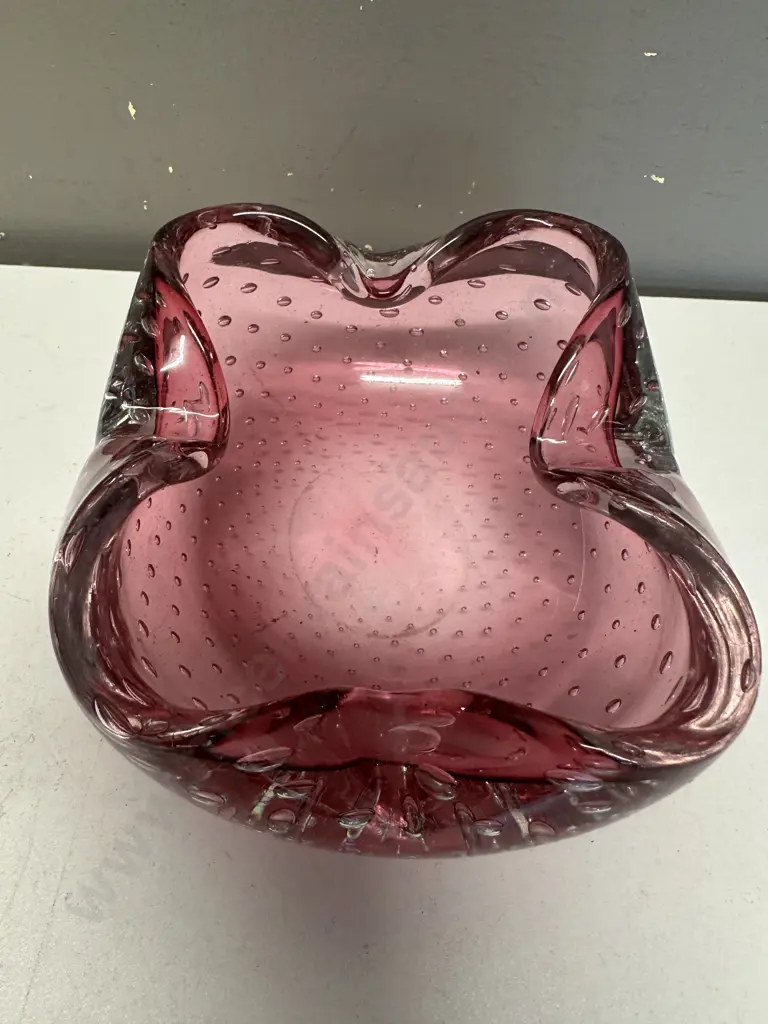 Large Cranberry Art Glass Dish Controlled Bubbles H8.5, W16cm. Image 1++