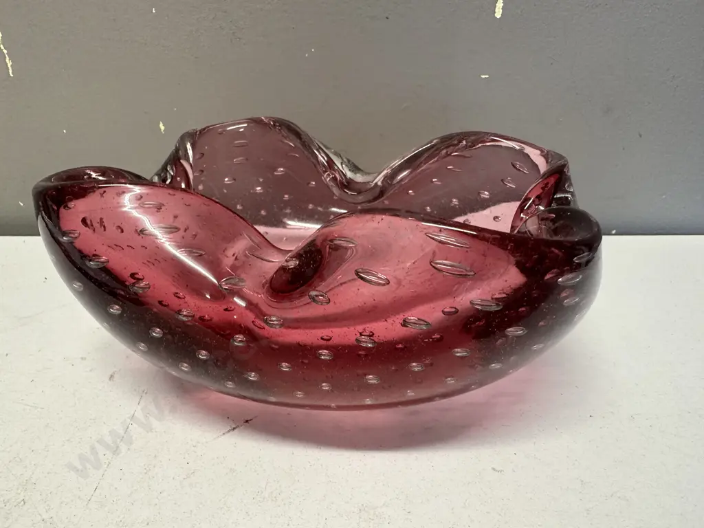 Large Cranberry Art Glass Dish Controlled Bubbles H8.5, W16cm. Image 1++