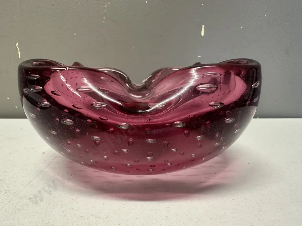 Large Cranberry Art Glass Dish Controlled Bubbles H8.5, W16cm. Image 1++