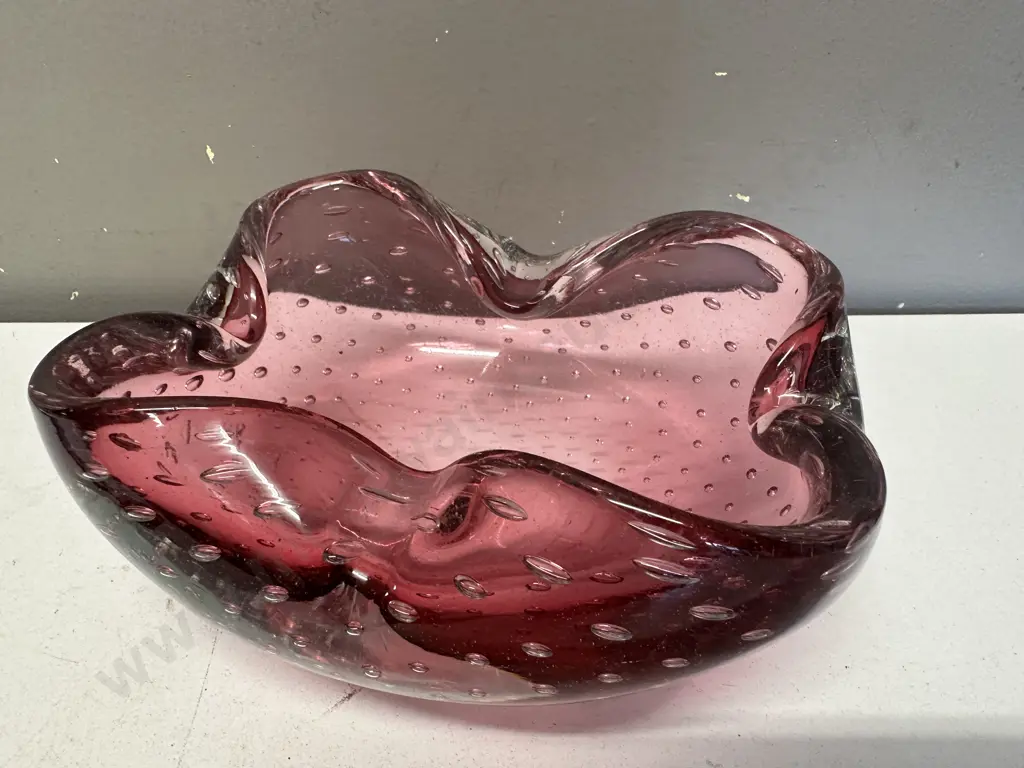 Large Cranberry Art Glass Dish Controlled Bubbles H8.5, W16cm. Image 1++