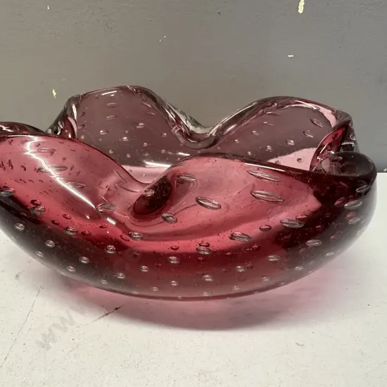 Large Cranberry Art Glass Dish Controlled Bubbles H8.5, W16cm.