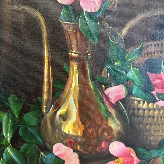 Vintage Still Life Pink Flowers M Blow '80. 61 x 51cm