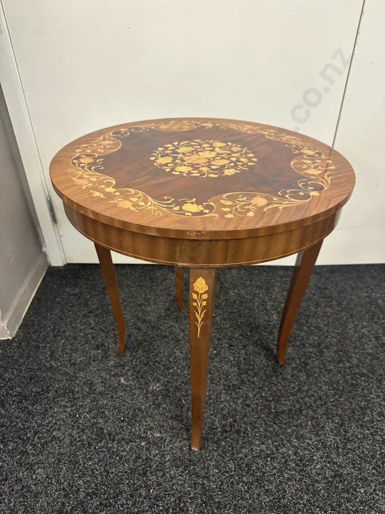 Walnut Marquetry Round Topped Music Table. 54 x 49.5cm (As Found) Image 1++