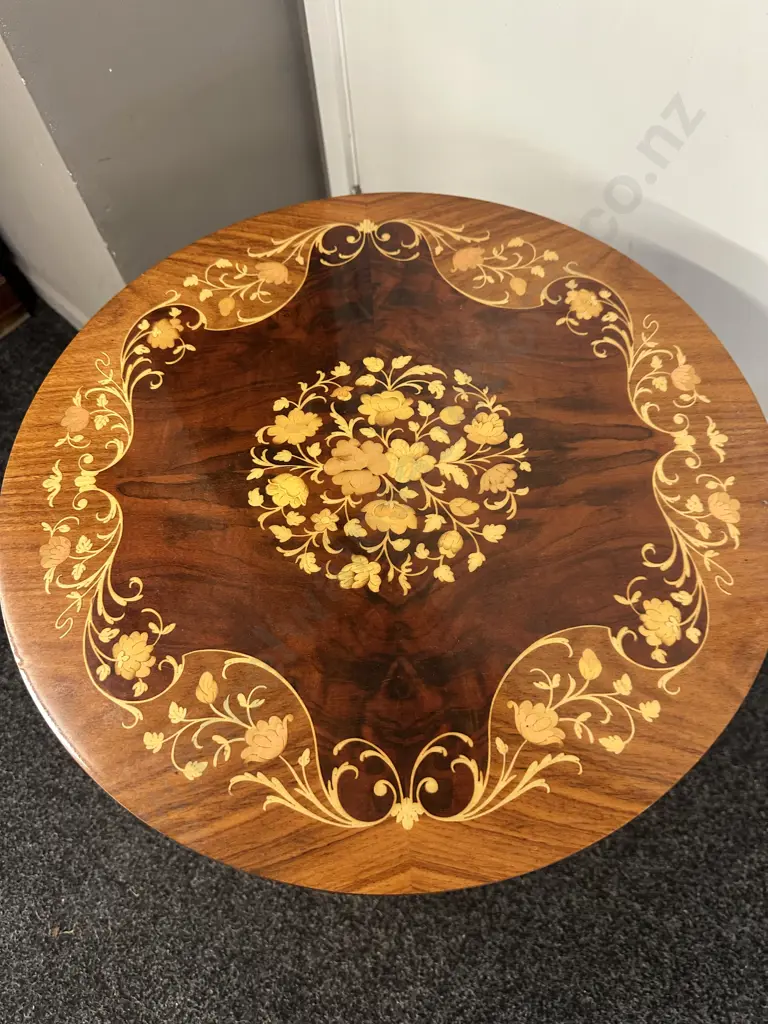 Walnut Marquetry Round Topped Music Table. 54 x 49.5cm (As Found) Image 1++