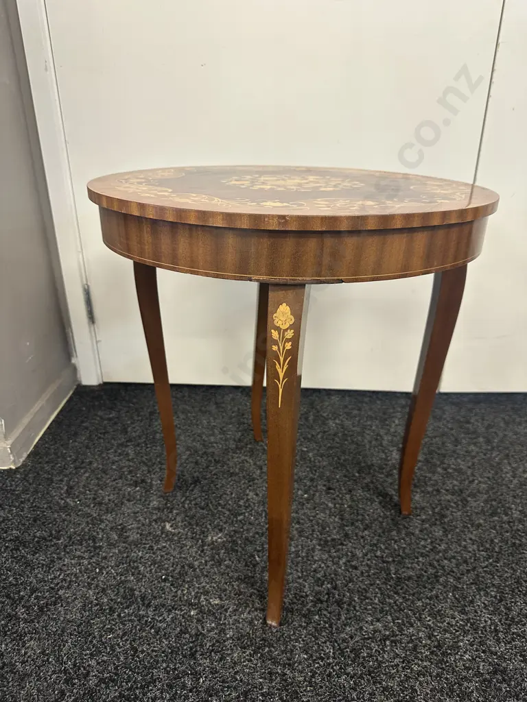 Walnut Marquetry Round Topped Music Table. 54 x 49.5cm (As Found) Image 1++