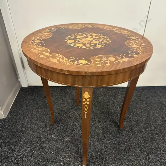 Walnut Marquetry Round Topped Music Table. 54 x 49.5cm (As Found)