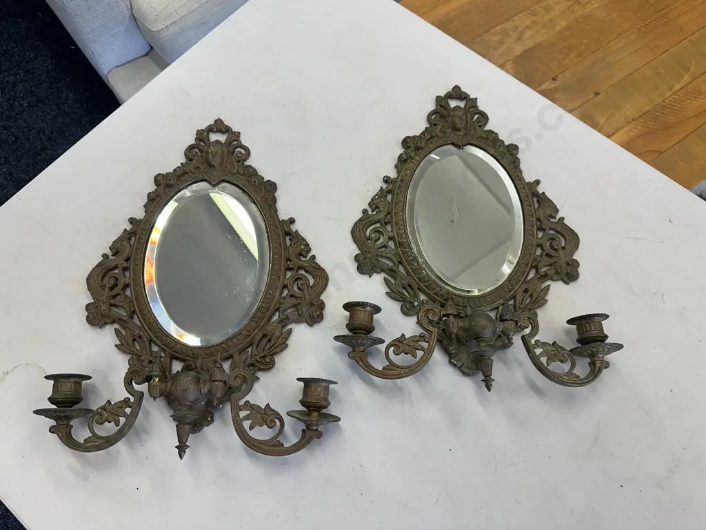 Pair Of Vintage Ornate Louis The 14th Style Bronze Mirror Wall Candle Holders Image 1++