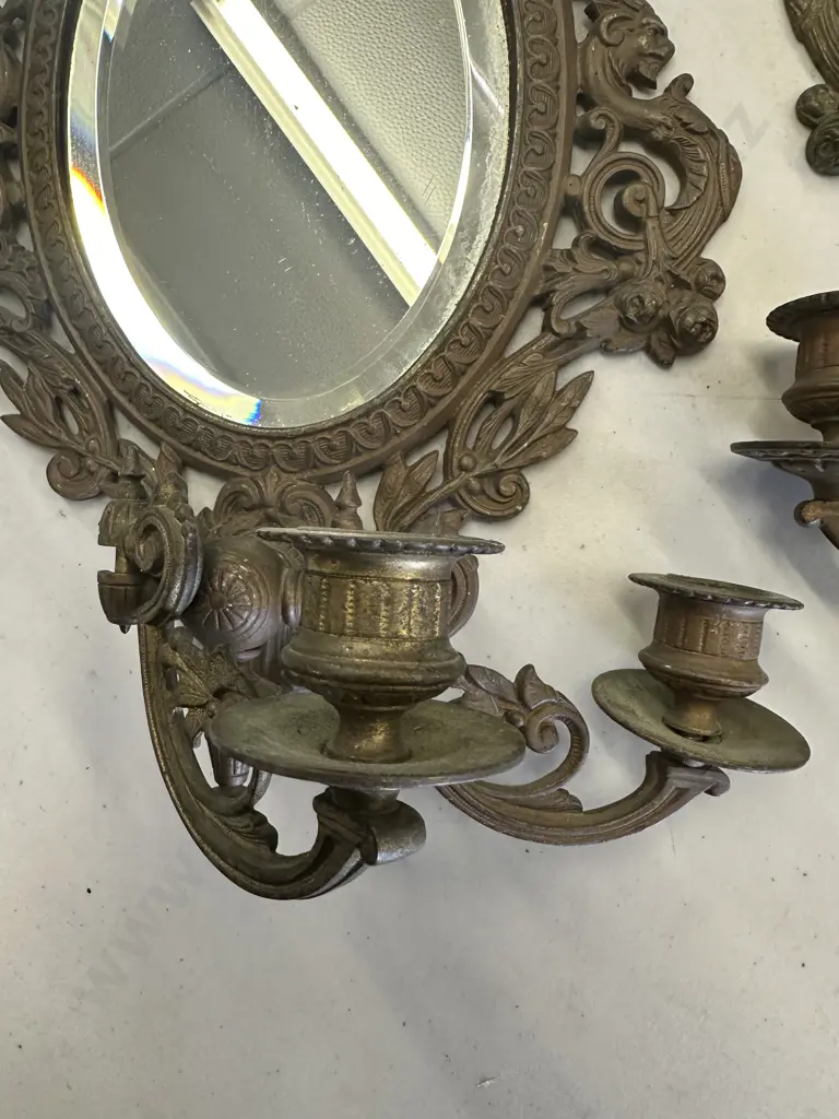 Pair Of Vintage Ornate Louis The 14th Style Bronze Mirror Wall Candle Holders Image 1++
