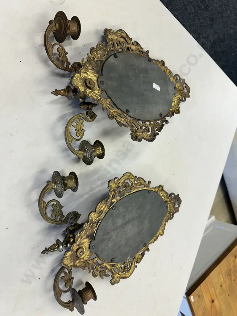 Pair Of Vintage Ornate Louis The 14th Style Bronze Mirror Wall Candle Holders Image 1++