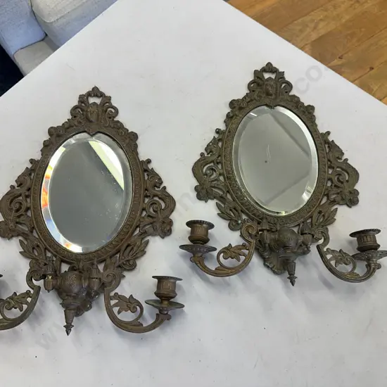 Pair Of Vintage Ornate Louis The 14th Style Bronze Mirror Wall Candle Holders