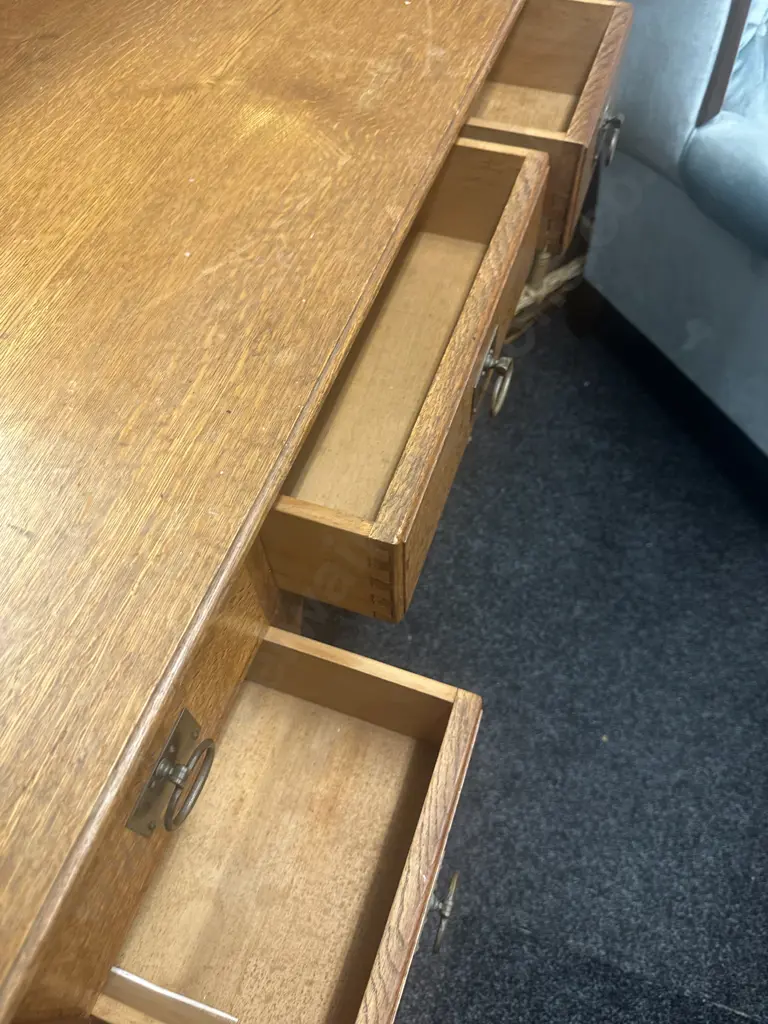 Edwardian Oak Kneehole Dressing Table, Oval Mirror, Brass Handles. H156 W107 D56cm Image 1++