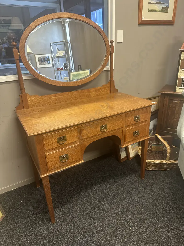Edwardian Oak Kneehole Dressing Table, Oval Mirror, Brass Handles. H156 W107 D56cm Image 1++