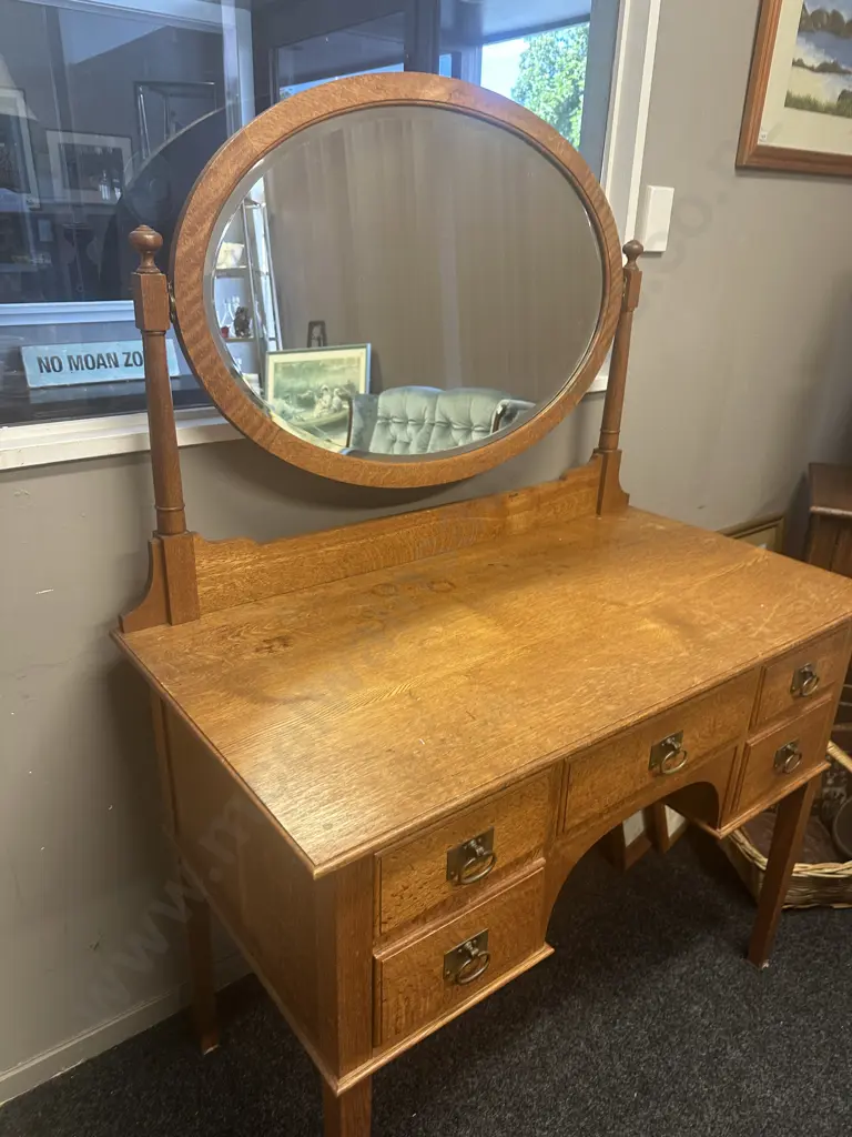 Edwardian Oak Kneehole Dressing Table, Oval Mirror, Brass Handles. H156 W107 D56cm Image 1++