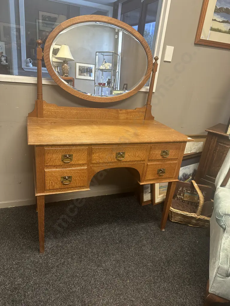 Edwardian Oak Kneehole Dressing Table, Oval Mirror, Brass Handles. H156 W107 D56cm Image 1++
