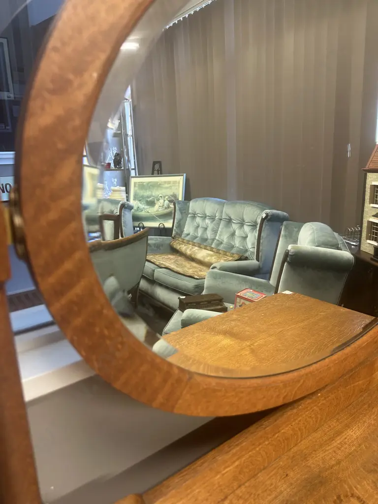 Edwardian Oak Kneehole Dressing Table, Oval Mirror, Brass Handles. H156 W107 D56cm Image 1++