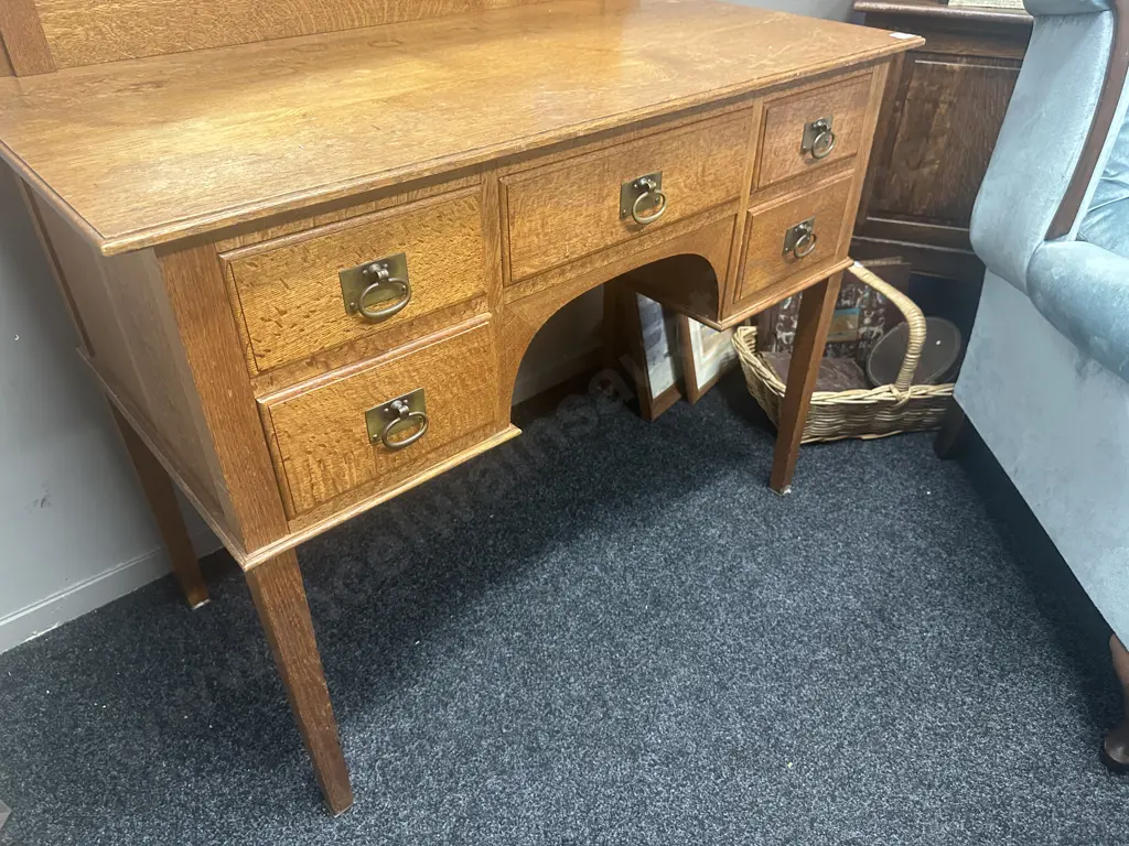 Edwardian Oak Kneehole Dressing Table, Oval Mirror, Brass Handles. H156 W107 D56cm Image 1++