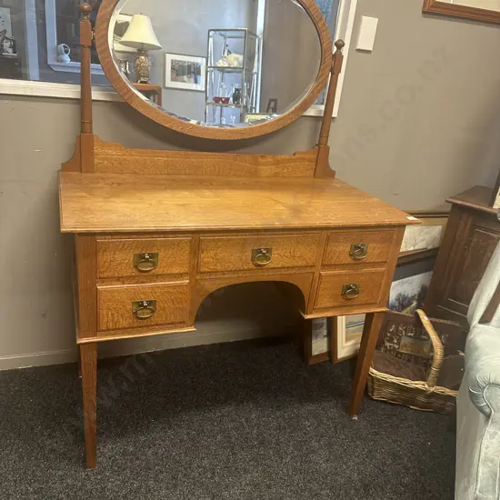 Edwardian Oak Kneehole Dressing Table, Oval Mirror, Brass Handles. H156 W107 D56cm
