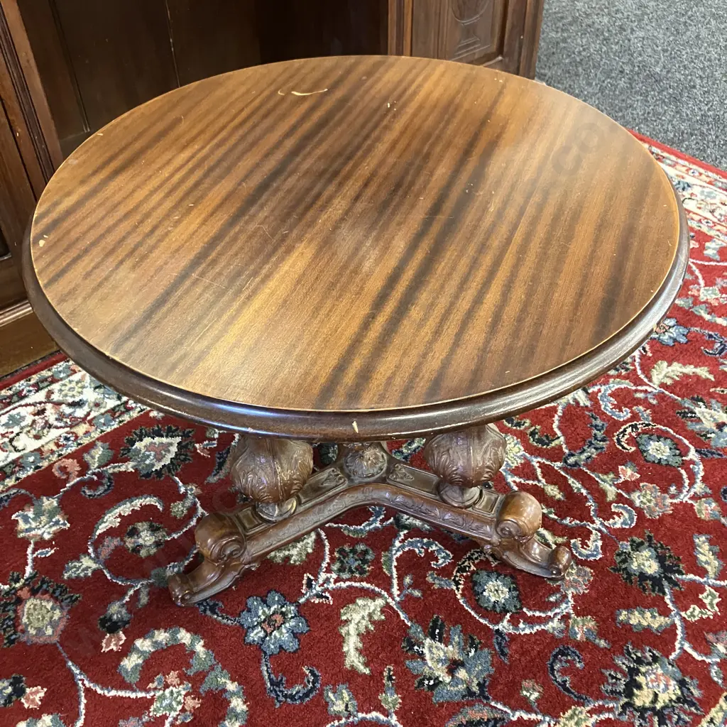 Victorian Style Round Mahogany Parlour Table, Heavily Carved Pedestal Base. 49 x 59.5cm Image 1++