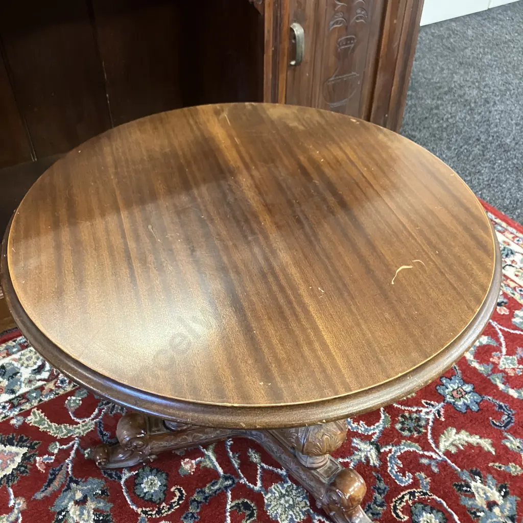 Victorian Style Round Mahogany Parlour Table, Heavily Carved Pedestal Base. 49 x 59.5cm Image 1++