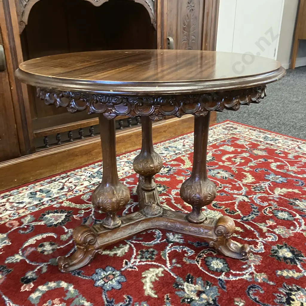 Victorian Style Round Mahogany Parlour Table, Heavily Carved Pedestal Base. 49 x 59.5cm Image 1++