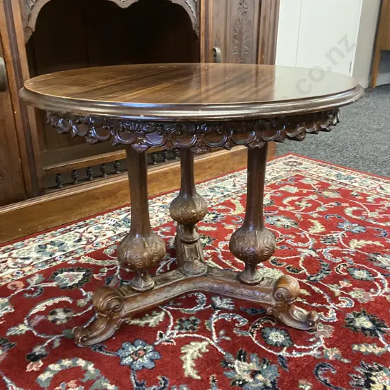 Victorian Style Round Mahogany Parlour Table, Heavily Carved Pedestal Base. 49 x 59.5cm