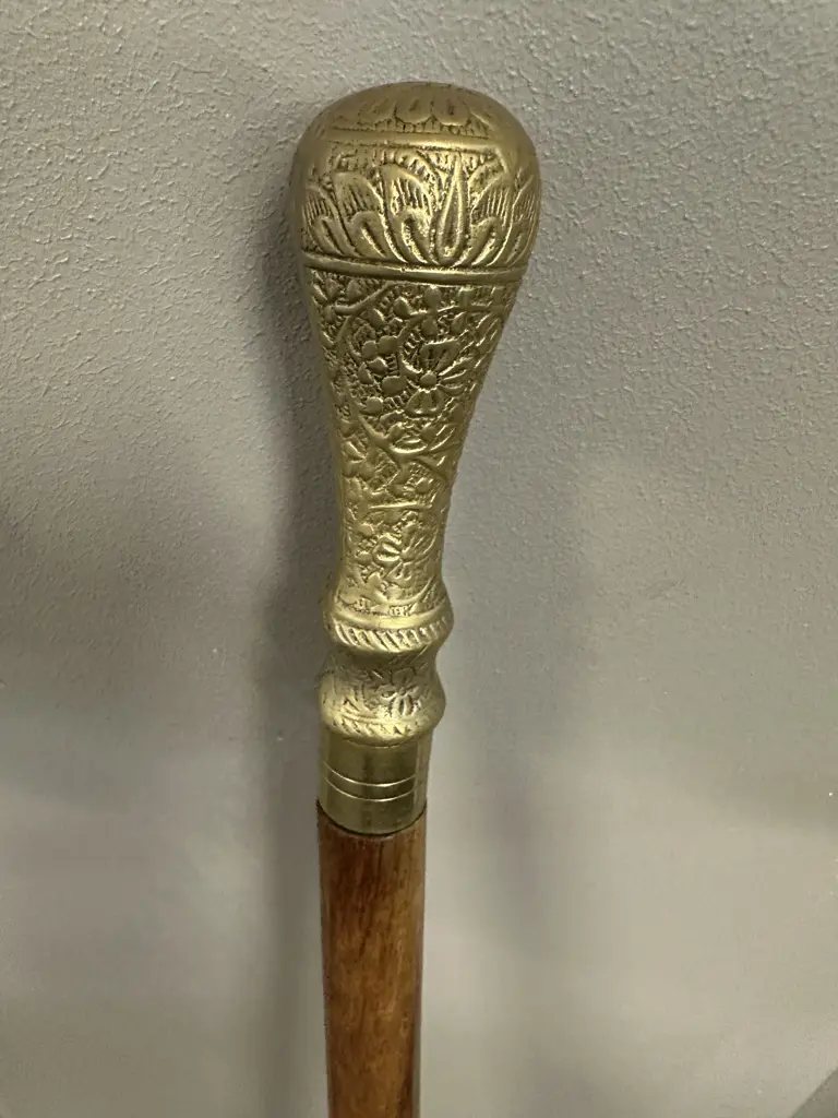 Vintage Walking Stick With Brass Top Etched Detail Image 1++