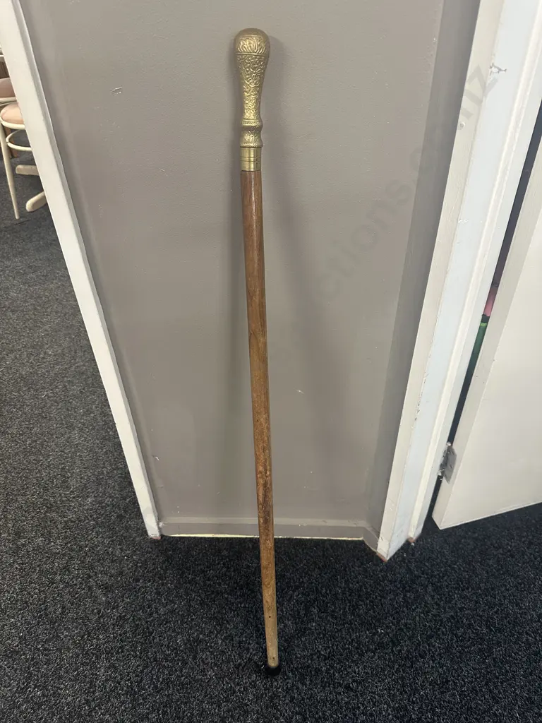 Vintage Walking Stick With Brass Top Etched Detail Image 1++