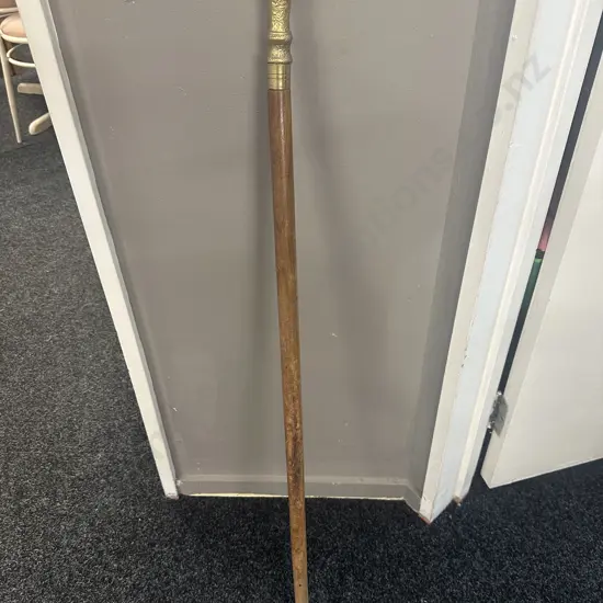 Vintage Walking Stick With Brass Top Etched Detail
