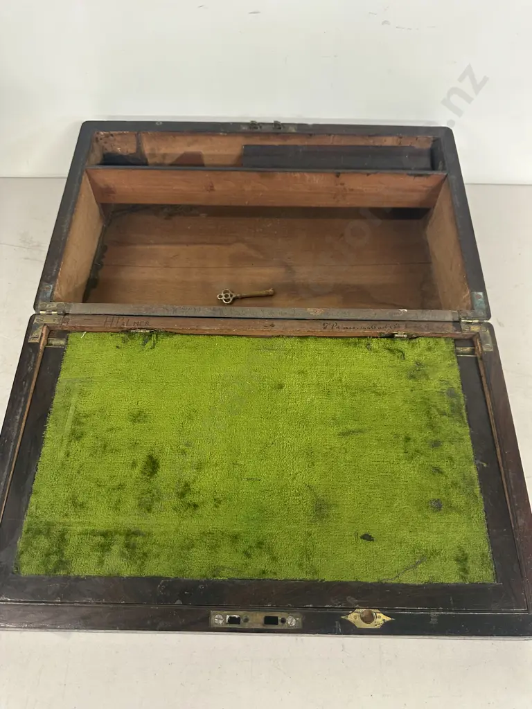 Antique Fisher Writing Slope / Lap Desk With Key. Stamped Fisher 188 Strand Image 1++