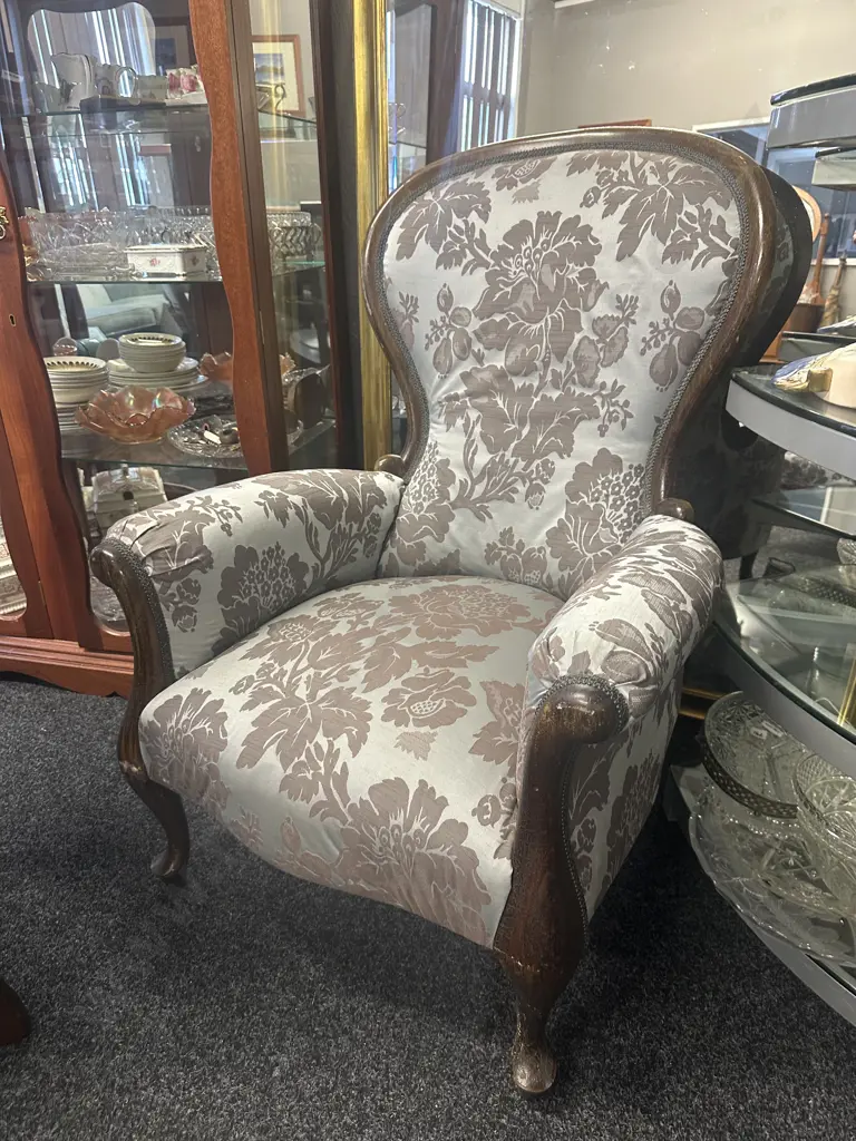 Grandfather Chair, Mahogany Frame, Cabriole Legs, Blue & Brown Floral Fabric Image 1++