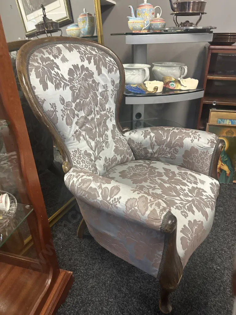 Grandfather Chair, Mahogany Frame, Cabriole Legs, Blue & Brown Floral Fabric Image 1++