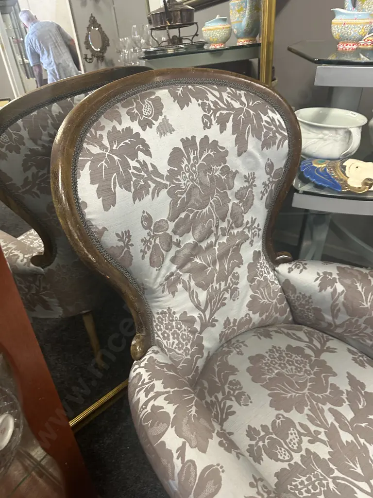 Grandfather Chair, Mahogany Frame, Cabriole Legs, Blue & Brown Floral Fabric Image 1++